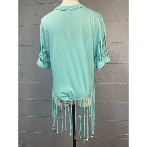 Vtg 80s Asymmetric Beaded Fringe Razor Cut Single Stitch Tee amaica Souvenir - Picture 9 of 10